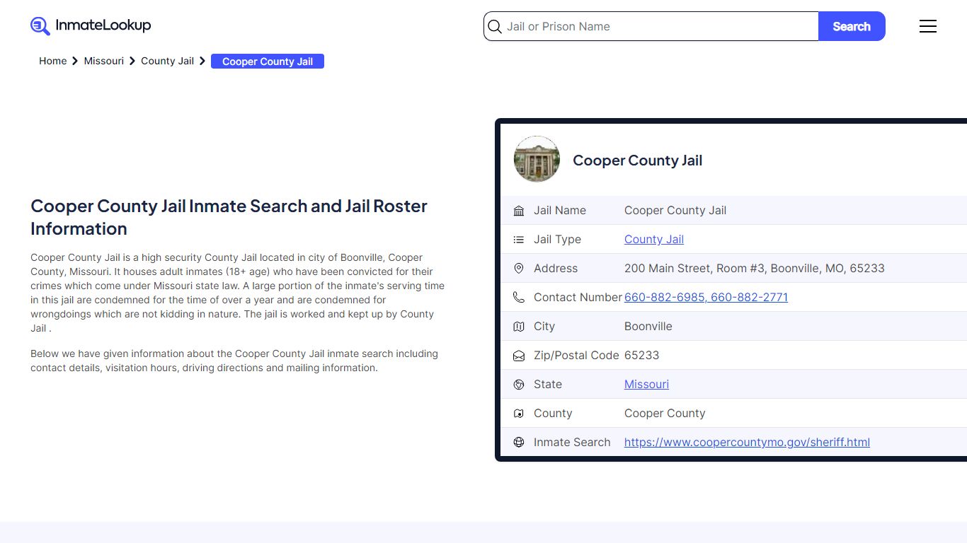 Cooper County Jail Inmate Search and Jail Roster Information